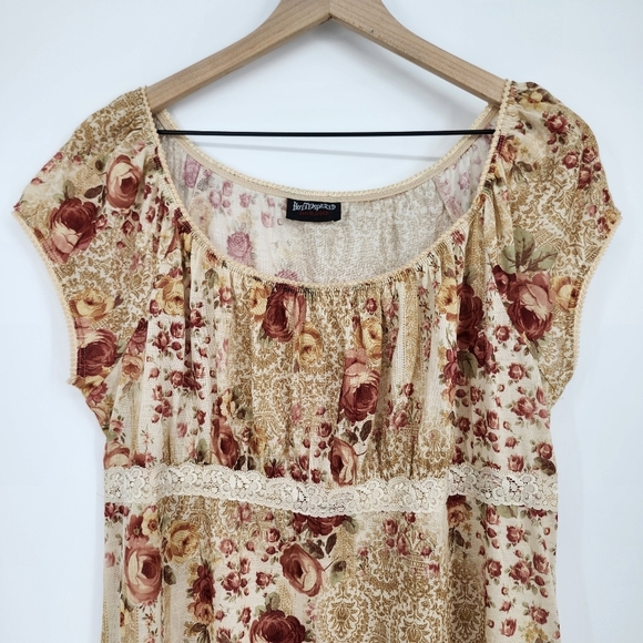 VTG Earthy Women's Babydoll Top Size 1X Tan Oxblood Floral‎ Lace Goblincore Boho - Picture 4 of 8